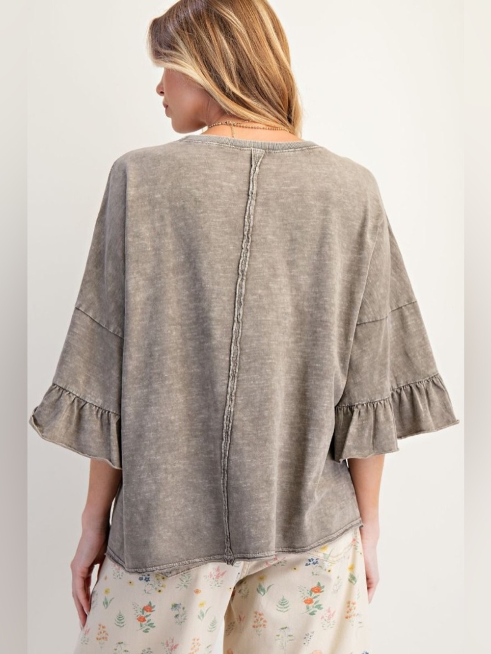 Easel ASH MOCHA ruffle Sleeve top pant lounge set S M L NWT cotton summer grey - Picture 3 of 5